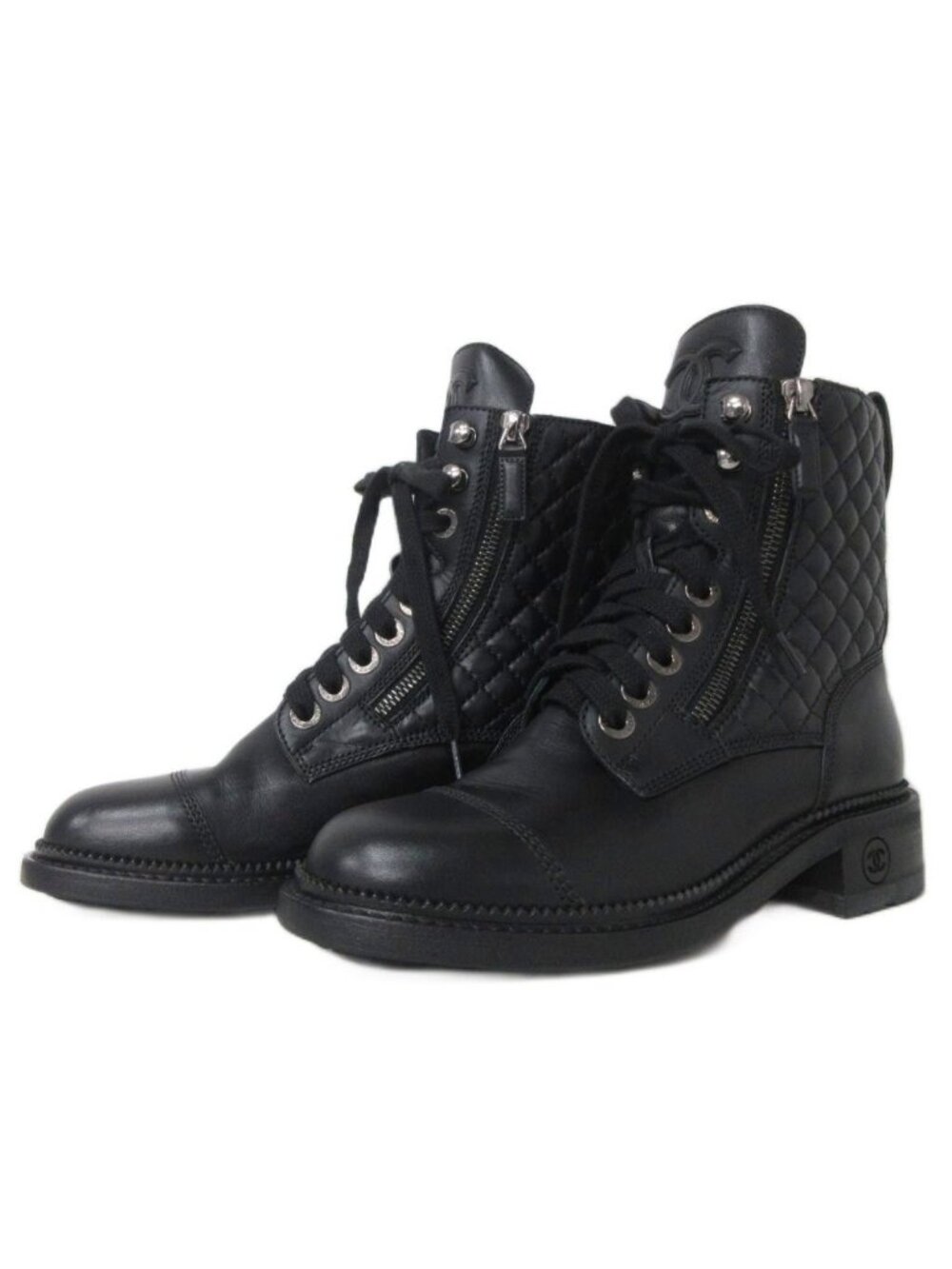 Chanel Quilted CC Logo Lace-up Short Leather Boots Black